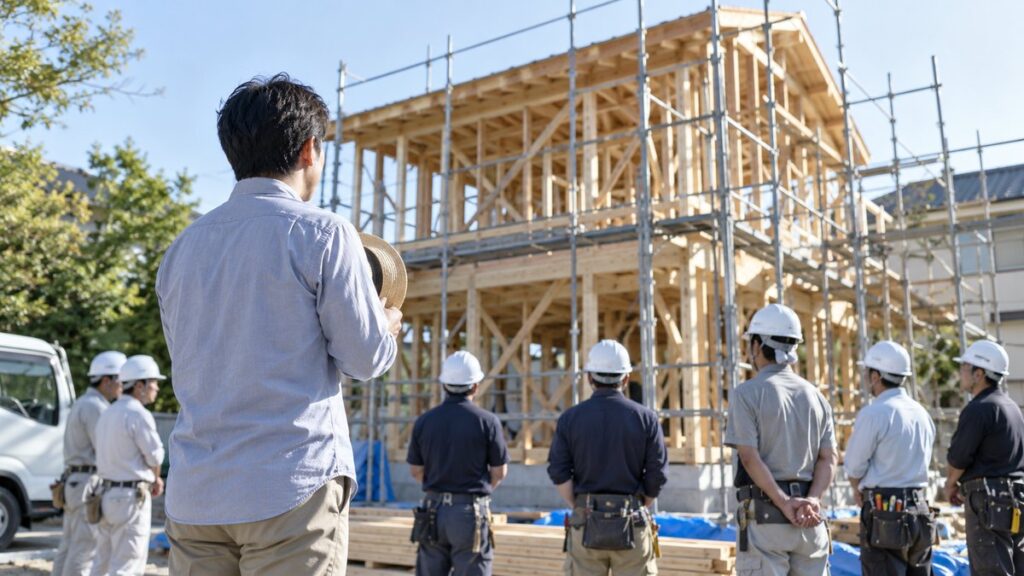 上棟の日の朝、木の骨組みが立った建築現場の前で、施主の男性が職人たちに向かって挨拶している