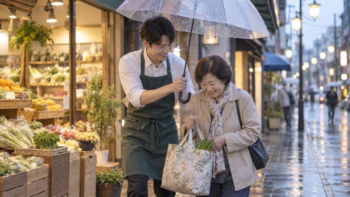 雨の夕方、商店街の青果店の店先で、エプロン姿の20代の男性店員が、年配の女性客の重い買い物袋を持って軒先の外まで付き添い、傘を差しかけている。看板や値札の文字は読めない