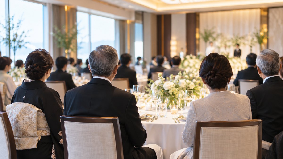 昼、ホテルの披露宴会場で、白いクロスの円卓に着いた新郎新婦の両親や親族の年配の男女が、会場の前方を静かに見つめて話を聞いている後ろ姿。顔は写らない