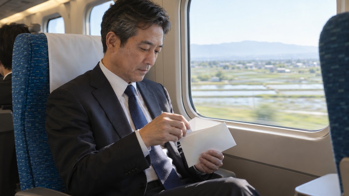 朝、新幹線の車内の窓際の席で、ダークスーツの50代の男性がひざの上の白い封筒を手に取り、中身を確かめるようにそっと開いている。車窓の外には田んぼが流れている。文字は写らない