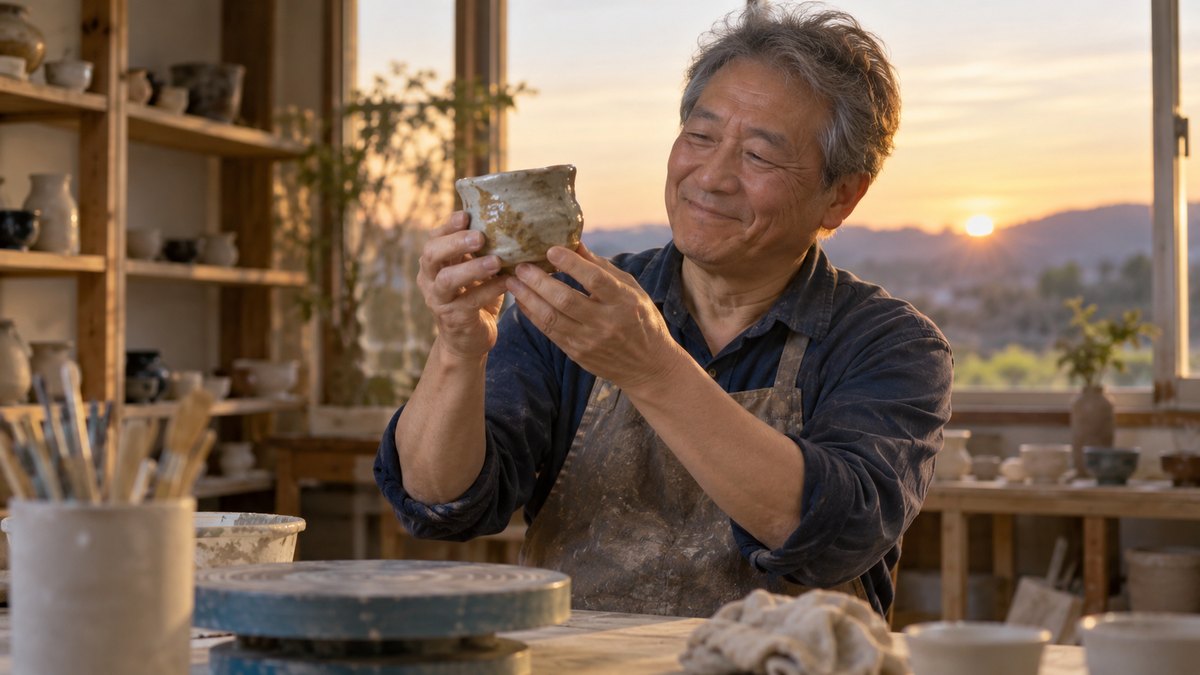 夕方、陶芸教室の作業台で、60代の男性が少しゆがんだ手作りの湯のみを両手で持ち上げて眺め、照れ笑いをしている