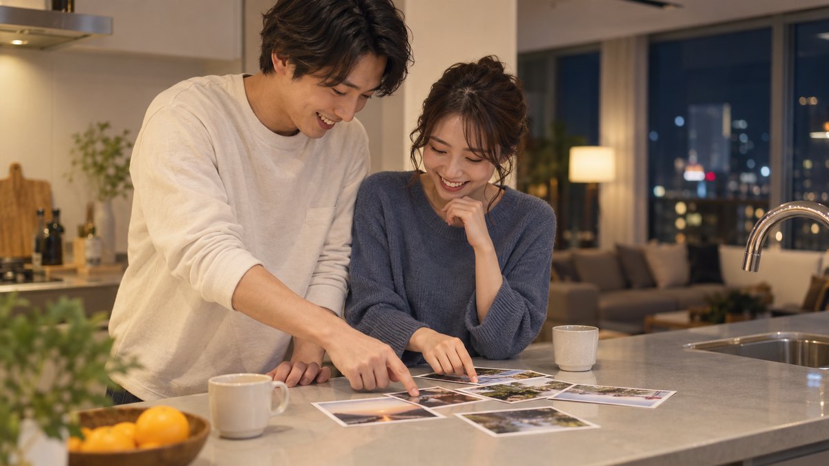 夜、マンションのキッチンカウンターで、婚約した20代後半の男女が並んで立ち、カウンターに広げた数枚のスナップ写真を指さしながら、どれを選ぶか笑顔で相談している。写真の中の顔ははっきり写らない