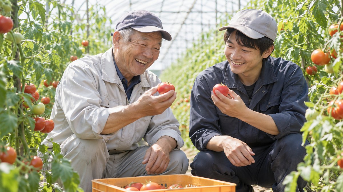 昼、明るいビニールハウスの中で、作業着の60代の農業法人の社長と30代の男性社員が並んでしゃがみ、赤く実ったトマトを手に取って、出来の良さに笑い合っている