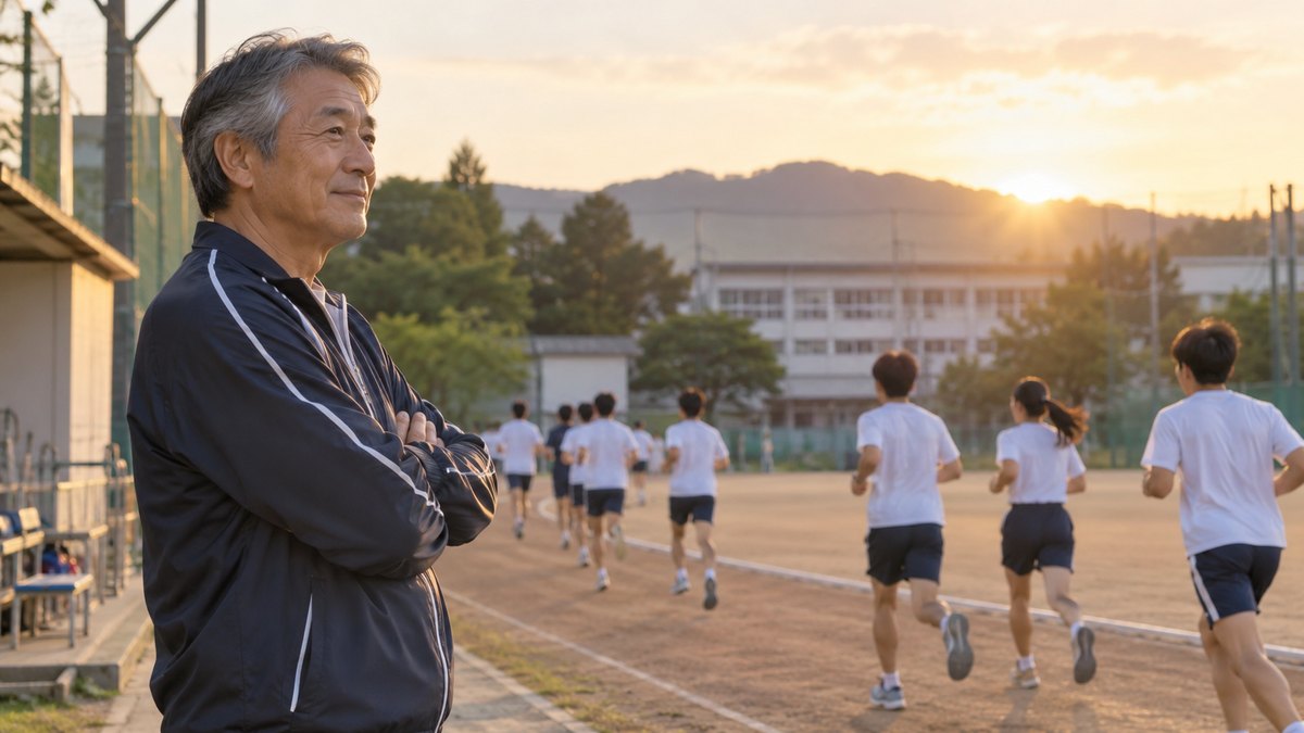 夕方、高校のグラウンドの脇で、ジャージ姿の60代の男性教師が腕を組んで立ち、走り込みをする陸上部の生徒たちを穏やかな顔で見守っている