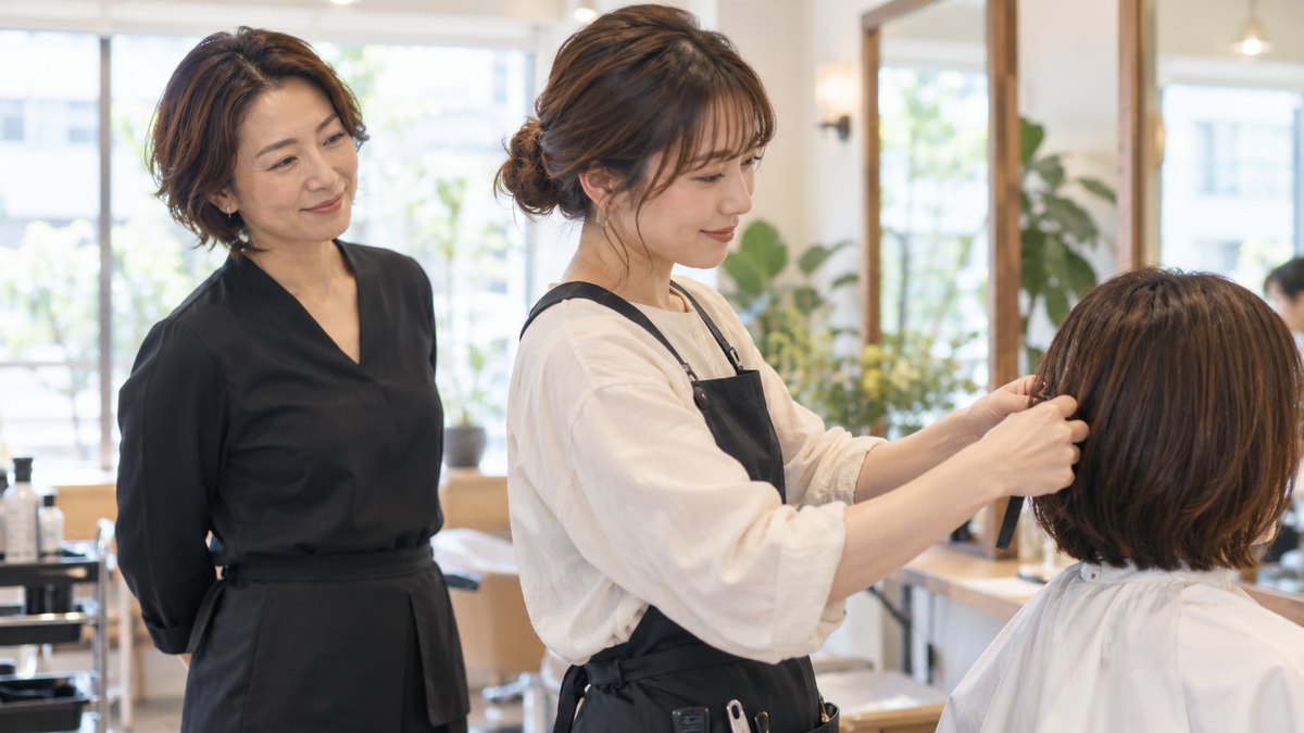 昼、明るい美容室の店内で、40代の女性店長が、お客の髪を整える20代の女性スタイリストの手元を少し後ろから見守り、軽くうなずいている。鏡に文字は写らない