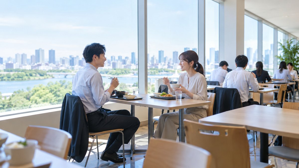 昼、会社の社員食堂の窓際の席で、同じ部署の20代後半の男女社員が向かい合って定食を食べながら、仕事の話で楽しそうに笑っている。顔は小さく写る