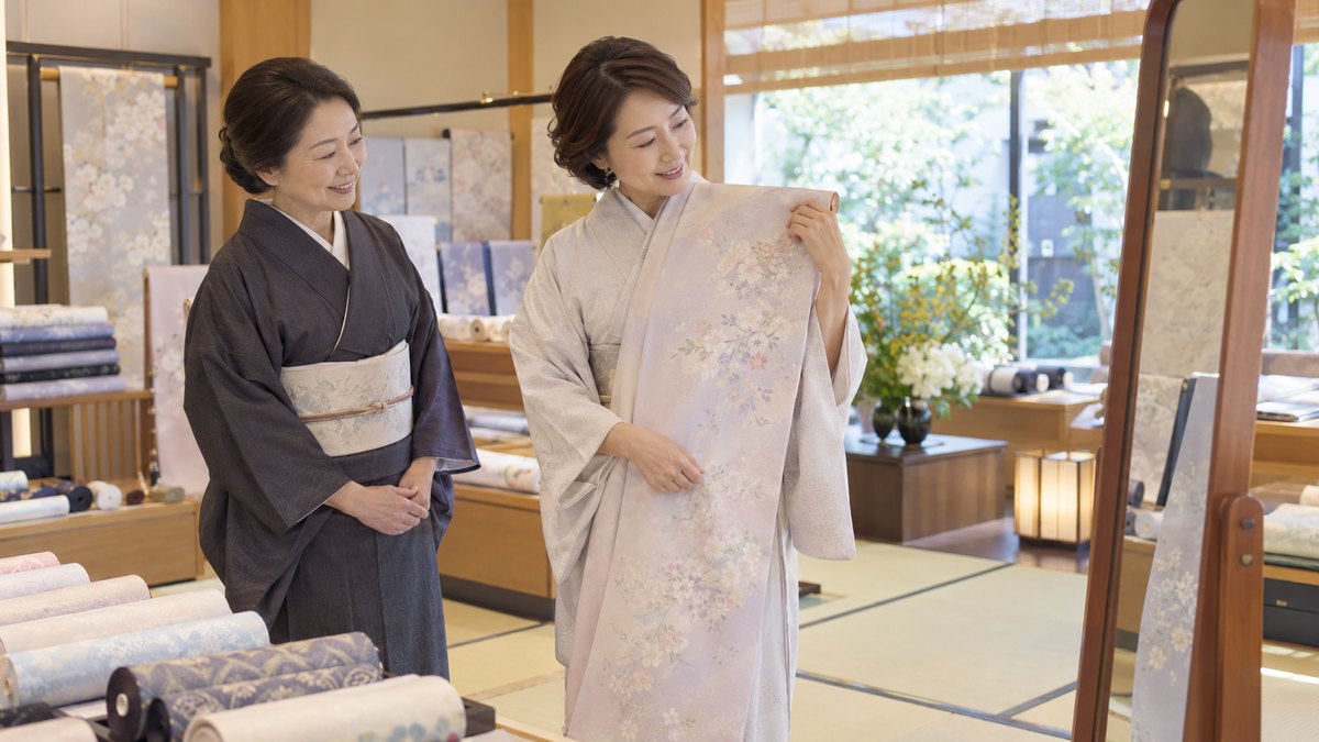 昼、老舗の呉服店の畳の売り場で、50代の女性が淡い色の着物の反物を肩に当てて鏡を見ており、年配の女性店員が隣でほほえんでいる。看板や値札の文字は読めない