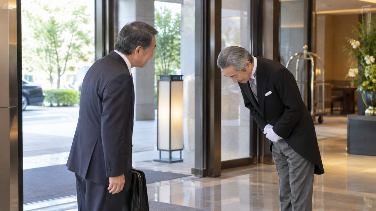 昼、ホテルのロビーの入口で、モーニングコートの60代の父親が、到着したダークスーツの60代の男性客を出迎え、深く頭を下げてあいさつしている。看板の文字は読めない