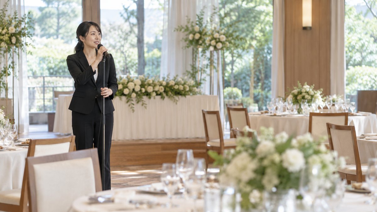 昼、まだゲストのいない披露宴会場の前方で、黒いスーツの女性司会者がスタンドマイクの高さを手で合わせ、会場の後ろの方を見て声の届き方を確かめている