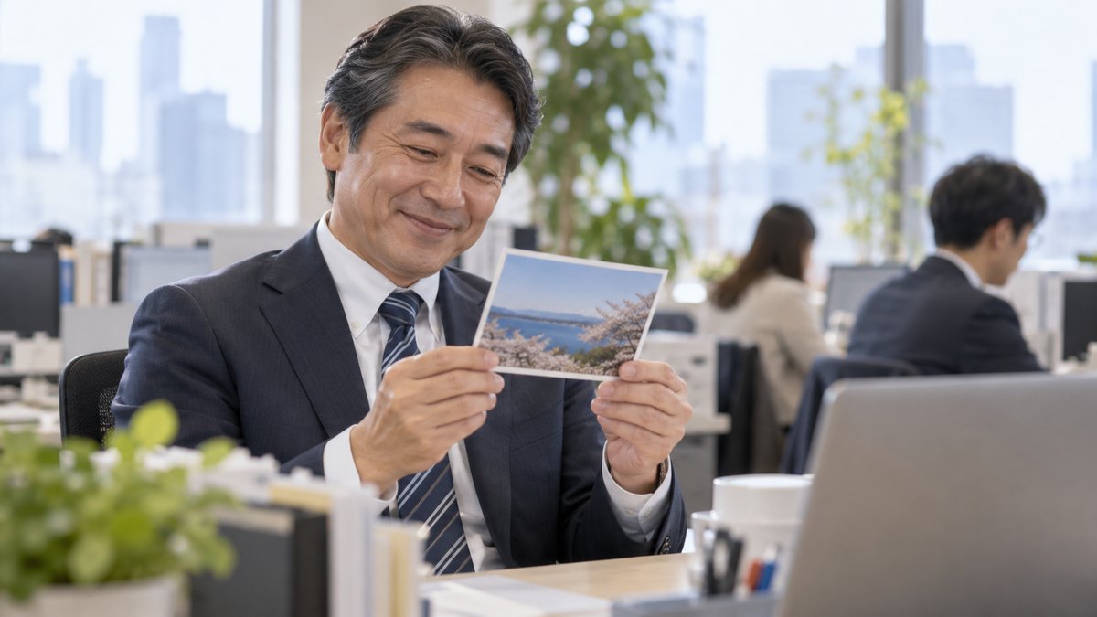 朝、会社の自分の席で、50代の男性上司が届いたばかりの写真入りのはがきを手に取り、ほほえみながら眺めている。はがきの文字は読めない