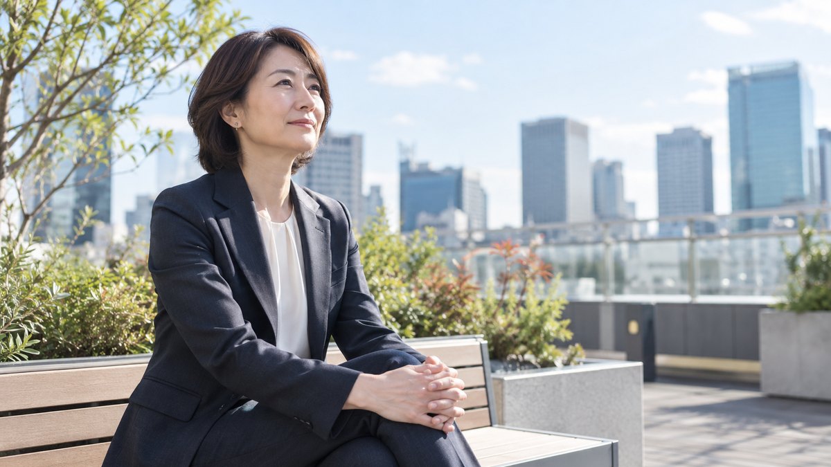 昼、オフィスビルの屋上庭園のベンチで、ジャケット姿の50代の女性管理職が膝の上で手を組み、遠くのビル群を見ながら言葉を考えている