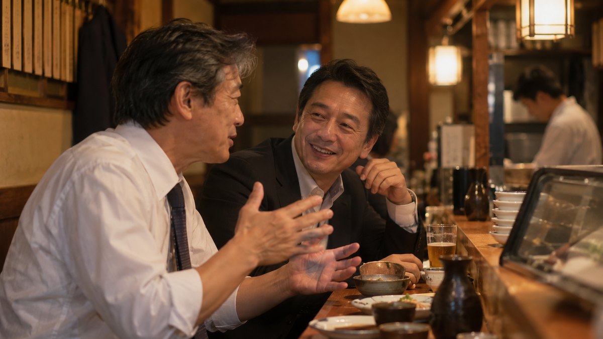 夜、落ち着いた居酒屋のカウンター席で、50代の男性2人が並んで座り、片方が身ぶりを交えて話し、もう片方が笑顔でうなずいている。お品書きの文字は読めない