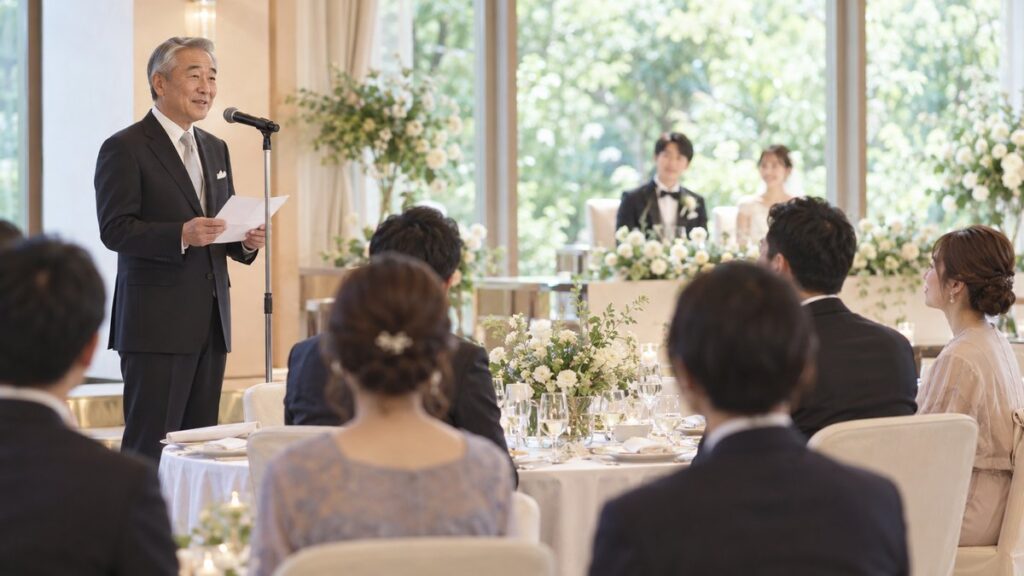 披露宴会場で、ダークスーツの男性主賓がスタンドマイクの前で話し、円卓のゲストたちが座って耳を傾けている