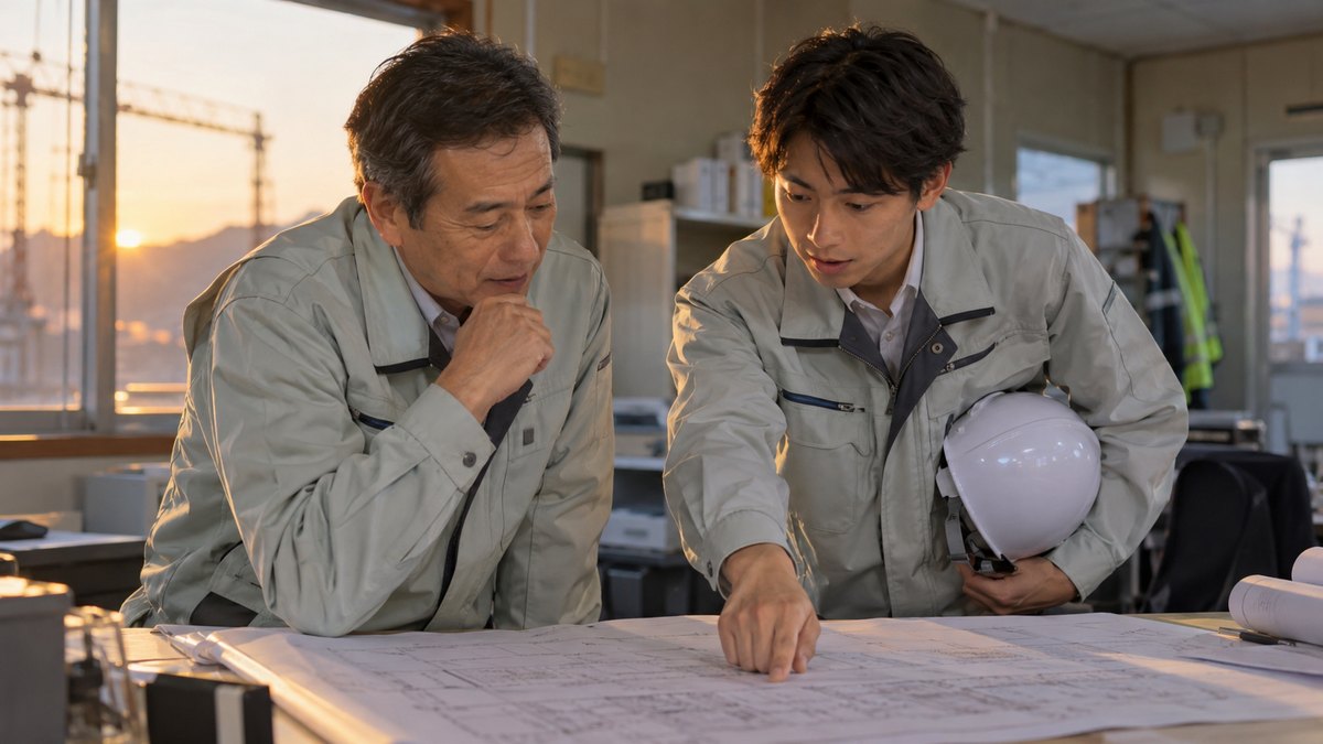 夕方、建設現場の仮設事務所で、作業服の50代の現場監督が、ヘルメットを抱えた20代の若手社員と並んで机の上の図面をのぞき込み、若手の説明にうなずいている。図面の文字は読めない