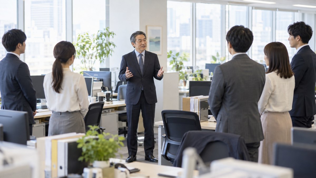 朝、明るいオフィスのフロアで、50代の部長が立ったまま社員たちに向かって話し、社員たちが自分の席の横に立って聞いている。顔は小さく写る。壁の掲示やパソコンの画面の文字は見えない