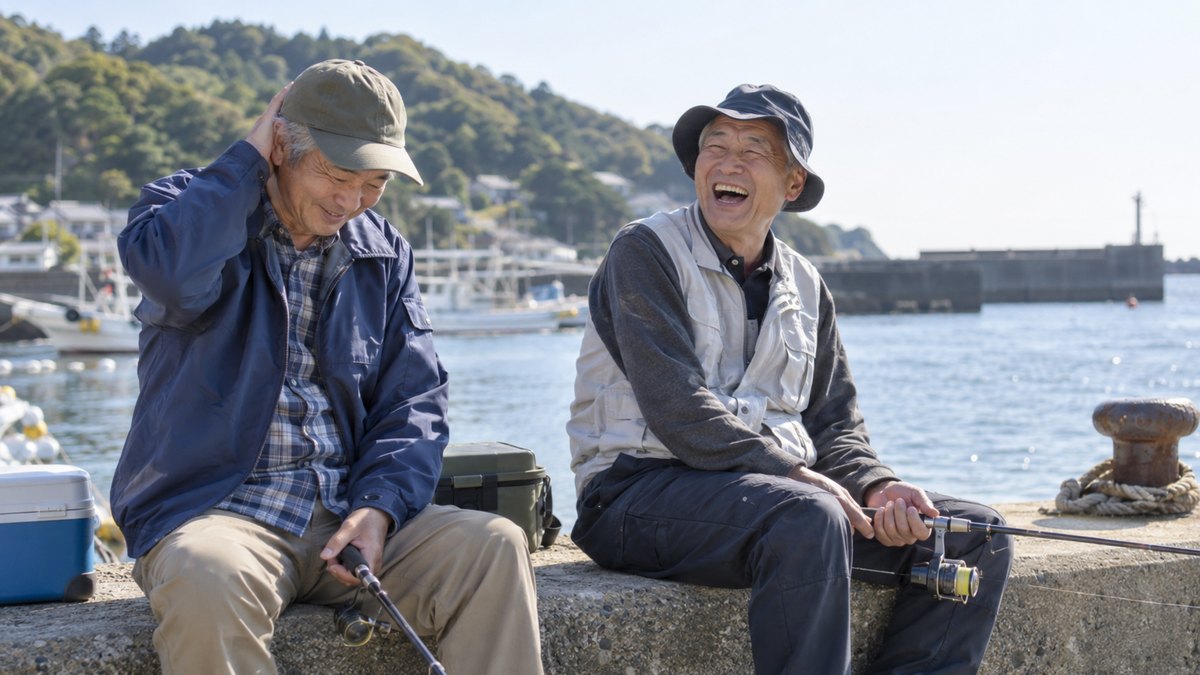 昼、漁港の岸壁で、釣り竿を手にした60代の男性2人が並んで腰かけ、片方が照れたように頭をかき、もう片方が声を上げて笑っている