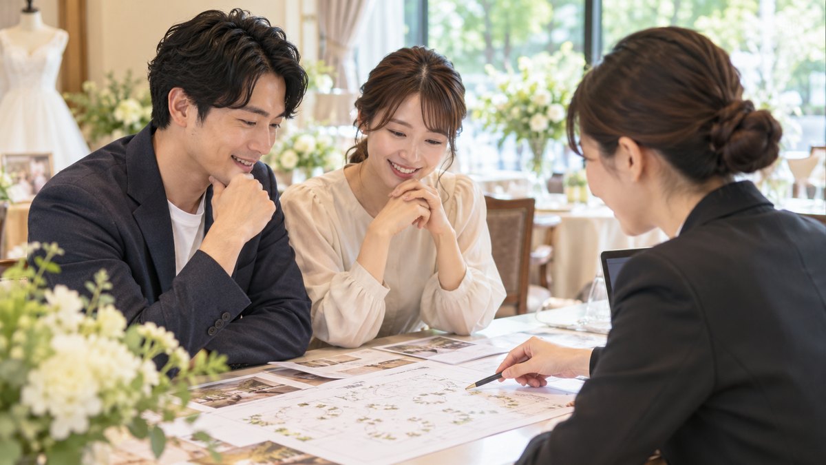 昼、結婚式場の相談カウンターで、20代後半の婚約した男女が並んで座り、向かいのウエディングプランナーの女性と、テーブルに広げた座席の図を一緒に見ている。紙の文字は読めない