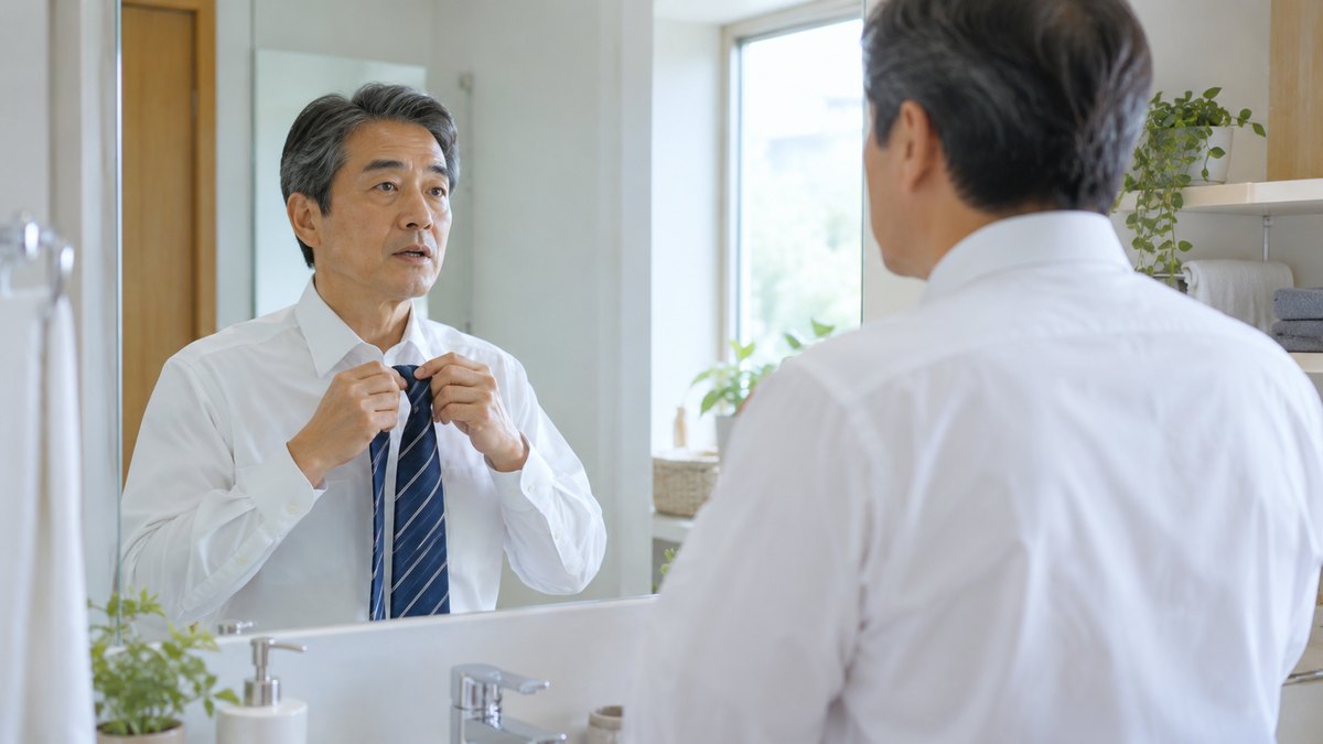 朝、自宅の洗面所の鏡の前で、白いワイシャツ姿の50代の男性がネクタイを手にしたまま、鏡に向かって小さく口を動かし、最初の一言を確かめている