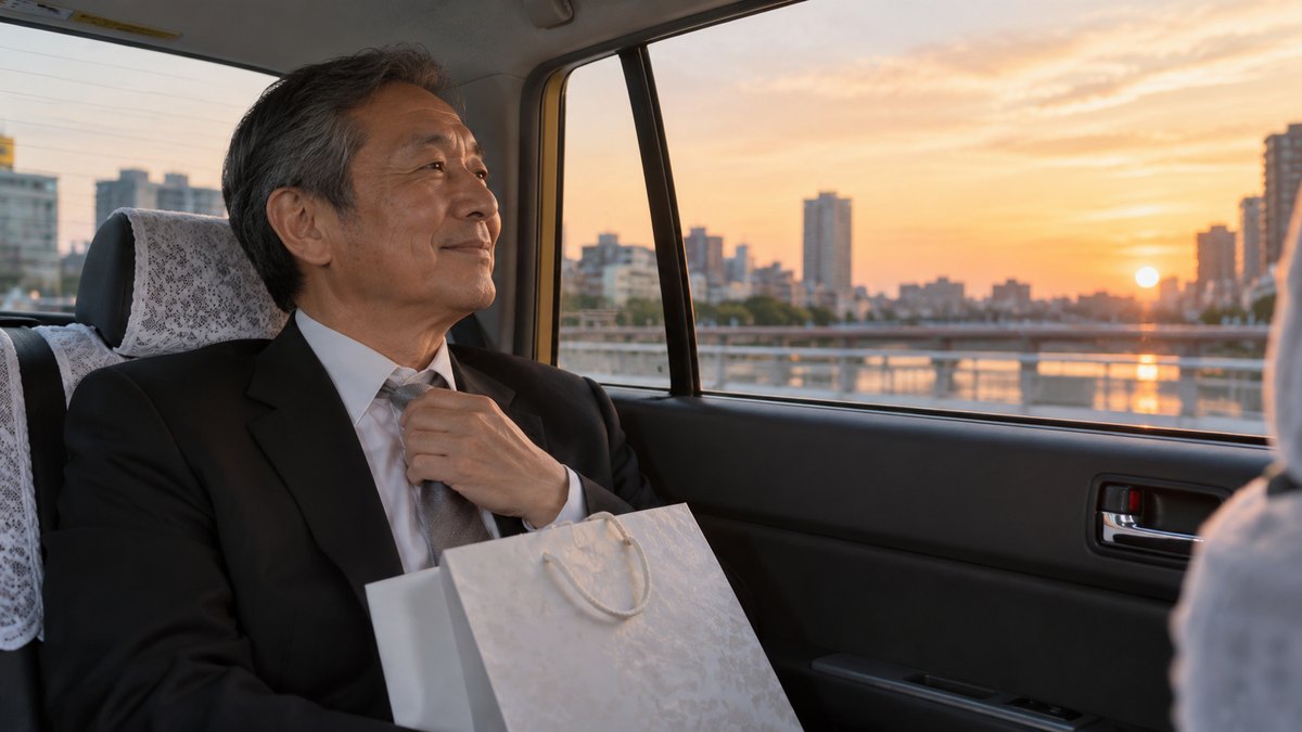 夕方、タクシーの後部座席で、礼服の60代の男性が引き出物の紙袋をひざに置き、ネクタイを少しゆるめて、窓の外の街並みをほっとした顔で眺めている