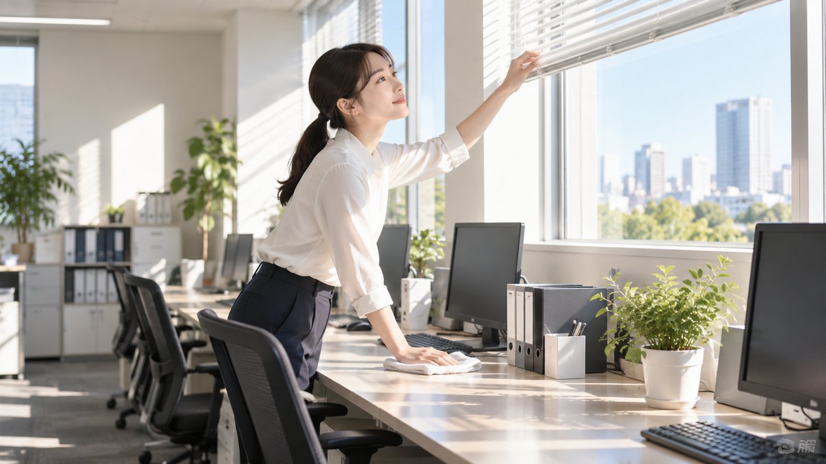 早朝、まだ誰も来ていない明るいオフィスで、20代の女性社員が一人で窓のブラインドを上げ、並んだ机を布巾で拭いている。パソコンの画面や掲示の文字は見えない