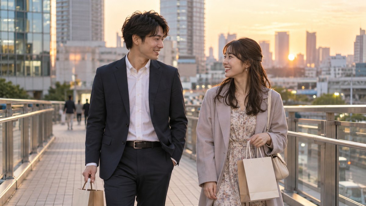 夕方、オフィス街の歩道橋の上で、婚約した20代後半の男女が、招待状の入った紙袋を手に並んで歩きながら話している。紙袋の文字は読めない