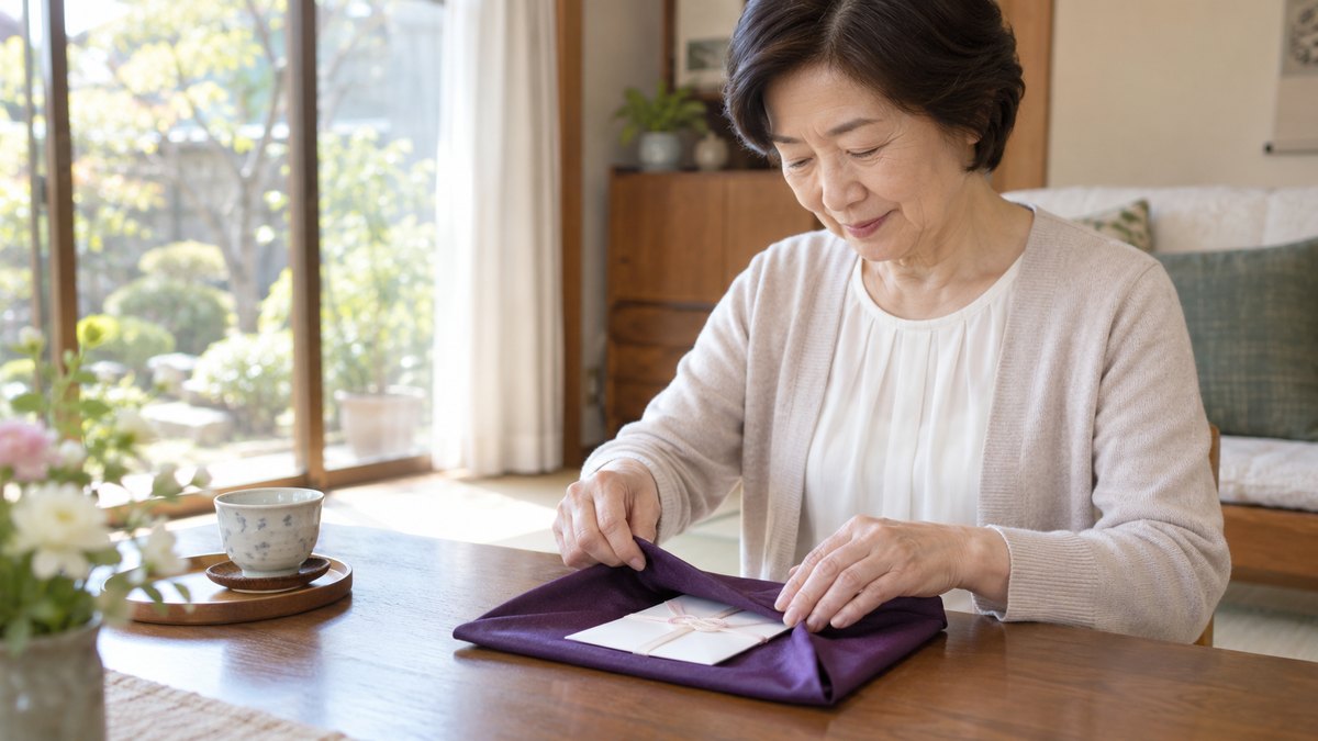 朝、自宅の居間の座卓で、60代の母親が紫色の袱紗を広げ、白い無地の祝儀袋をそっと包んでいる手元。袋の文字は写らない