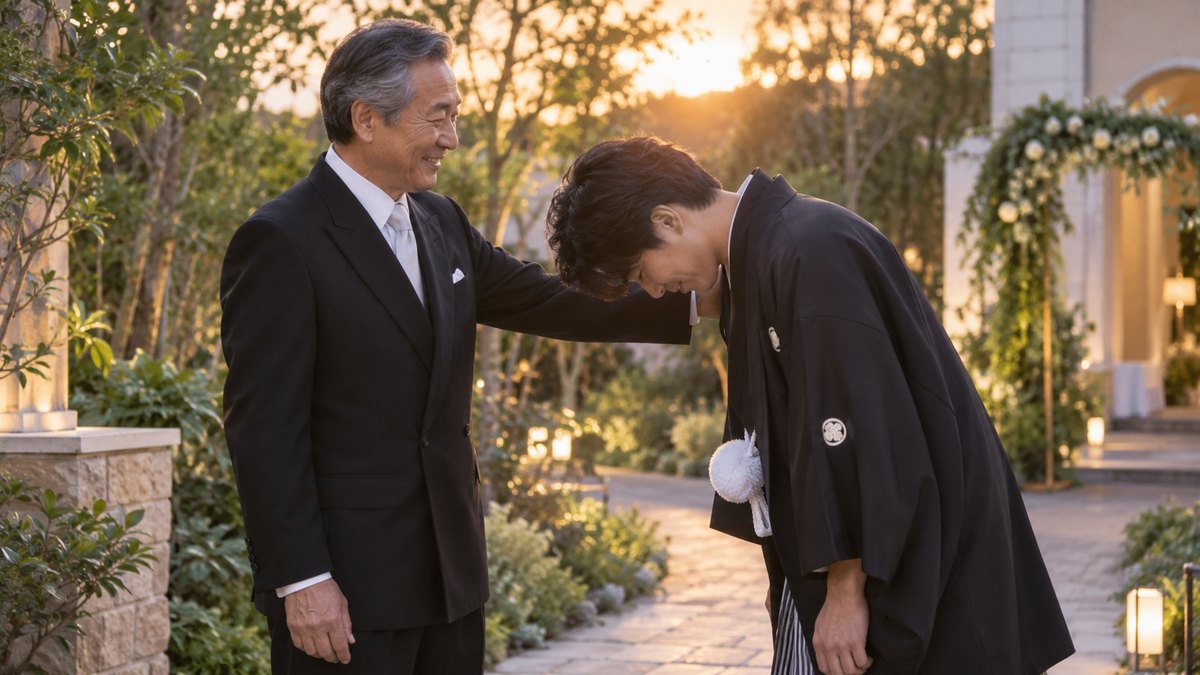 夕方、結婚式場の庭の小道で、礼服の60代の男性と紋付袴の新郎が向かい合い、新郎が深く頭を下げ、男性が笑顔で新郎の肩に手を置いている