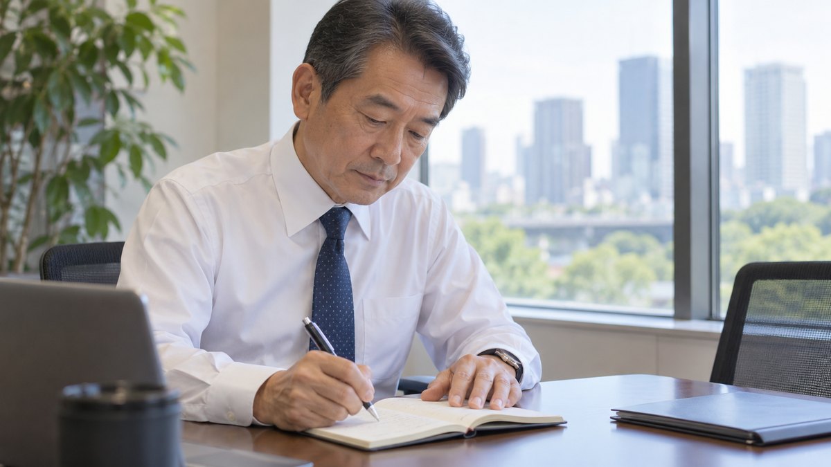 昼、会社の小さな会議室の窓際の席で、ワイシャツ姿の50代の男性部長が手帳を開き、ボールペンで短いメモを4行だけ書きつけている。手帳の文字は読めない