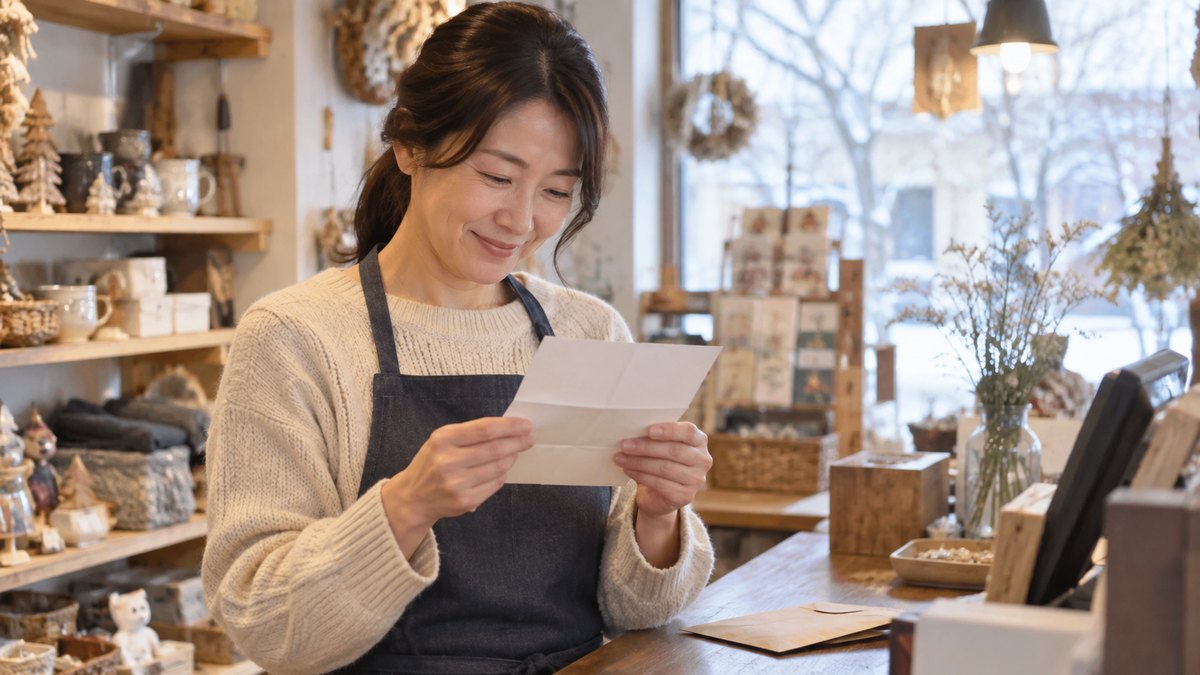 冬の午後、小さな雑貨店のレジの横で、エプロン姿の40代の女性店長が届いたばかりの手紙を開いて読み、うれしそうにほほえんでいる。手紙の文字は読めない