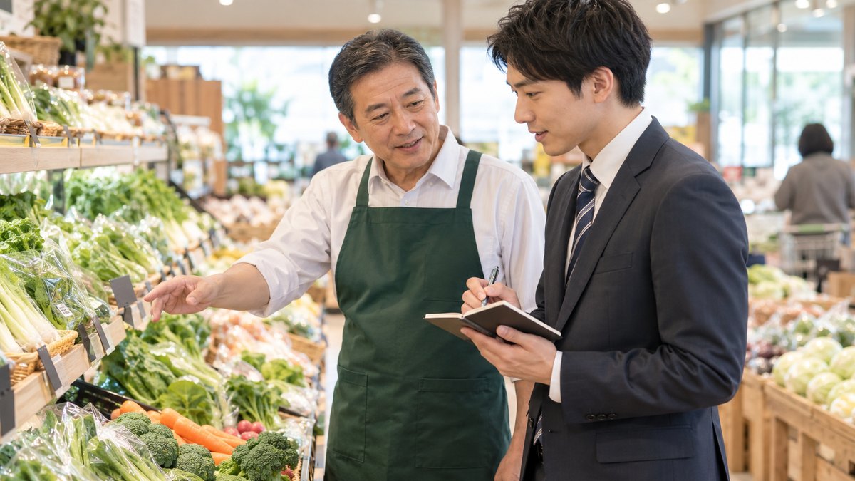 朝、地域のスーパーマーケットの野菜売り場で、スーツ姿の20代の男性営業社員が、エプロン姿の50代の店長と並んで棚を見ながら話し、メモを取っている。値札や商品の文字は読めない