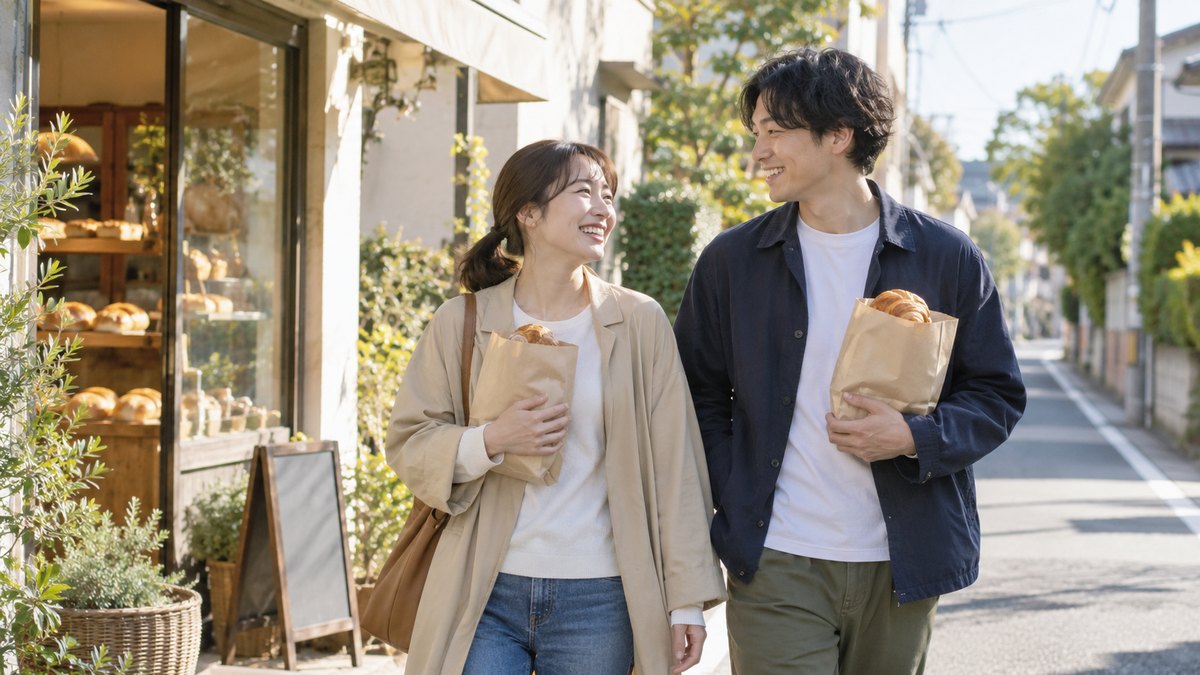 休日の朝、住宅街の小さなパン屋の前の歩道を、30代の夫婦が焼きたてのパンの紙袋を一つずつ持ち、並んで笑いながら歩いている。看板の文字は読めない