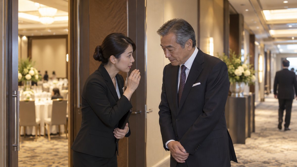昼、ホテルの宴会場の外の廊下で、黒いスーツの女性スタッフが、ダークスーツの60代の男性に小声で進行の時間を伝え、男性が軽くうなずいている