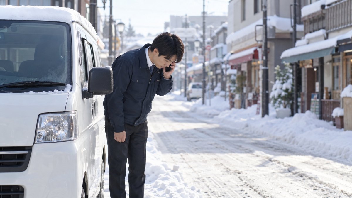 冬の朝、雪の積もった商店街の道で、営業用の白いバンの横に立つ20代の男性社員が、スマートフォンを耳に当てながら電話の相手に頭を下げている。看板や車の文字は読めない