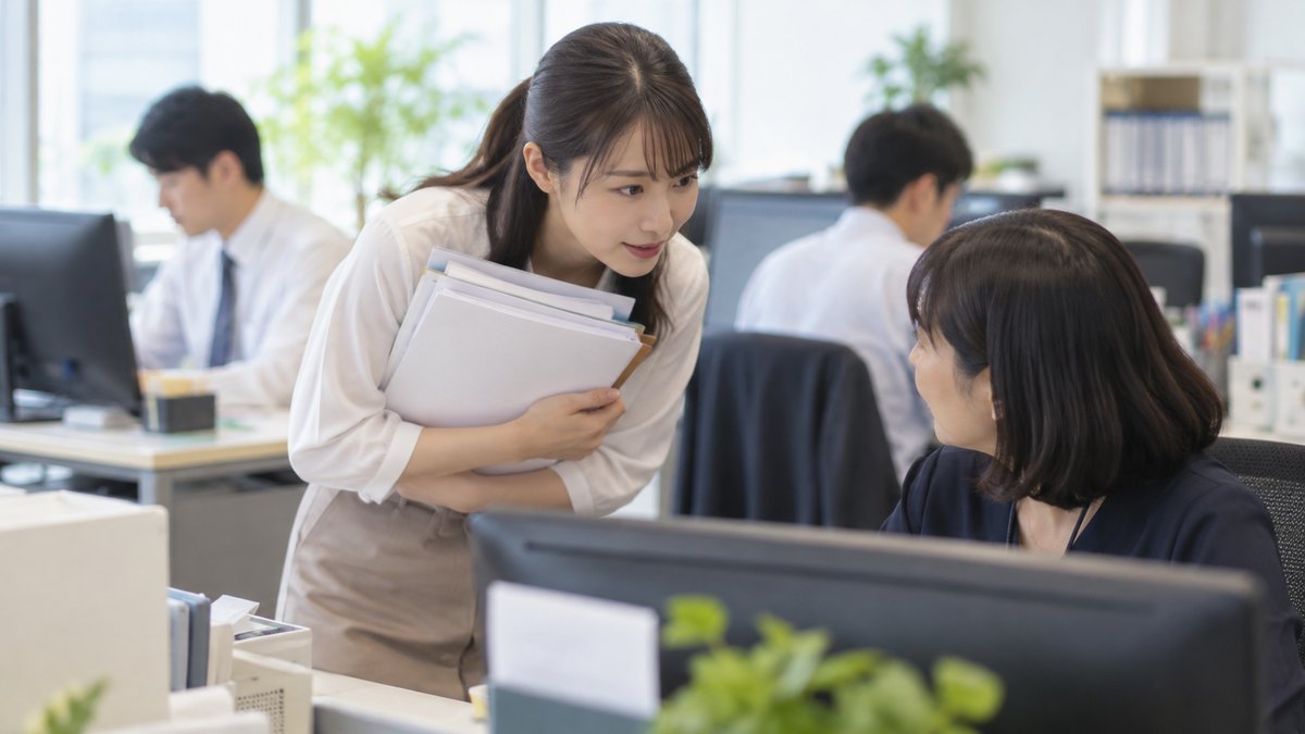 昼、会社の経理の部署で、20代の女性社員が書類の束を胸に抱えて同僚の席まで行き、かがんで小声で話しかけている。書類やパソコンの画面の文字は見えない