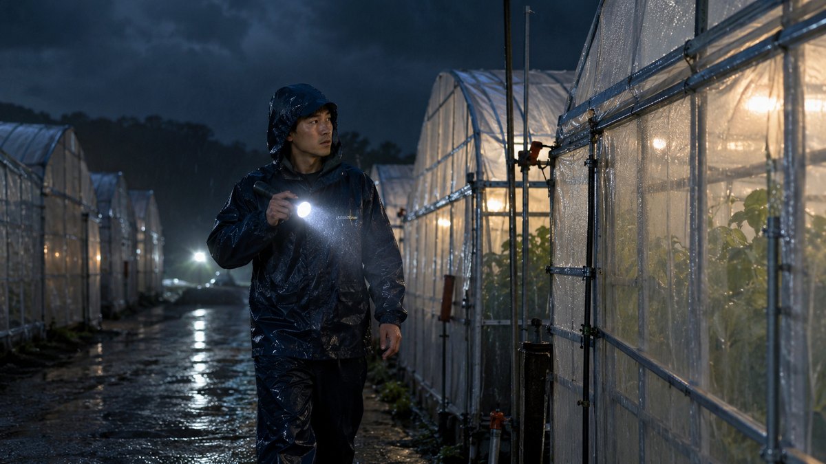 台風が近づく夜、農園のビニールハウスの間の通路を、雨合羽を着た30代の男性社員が懐中電灯を手に一棟ずつ見回っている