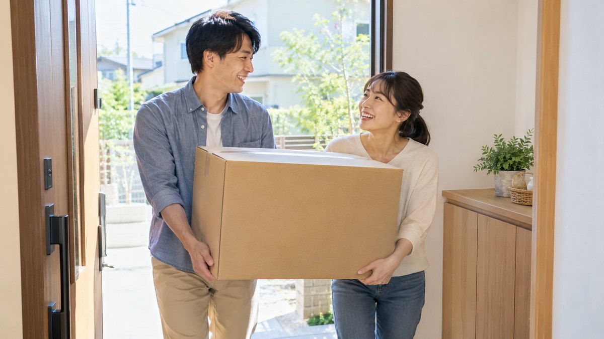 昼、新しい小さな一戸建ての玄関先で、30代の夫婦が二人で一つの段ボール箱を持ち、笑い合いながら家の中へ運び込んでいる
