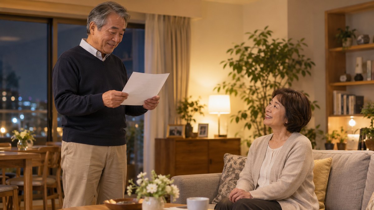 夜、自宅のリビングで、60代の男性がソファに座った妻の前に立ち、手にした白い紙を見ながら挨拶を読んでみせ、妻が笑顔でうなずいている。紙の文字は読めない