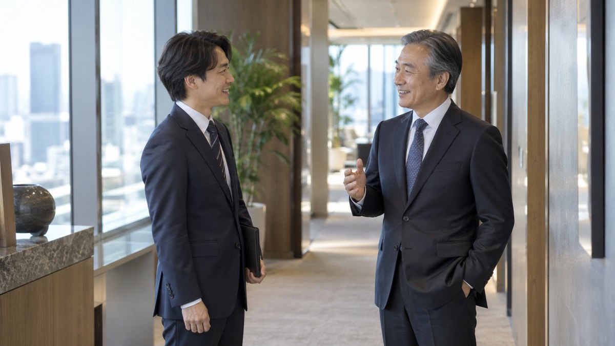 昼、会社の役員フロアの静かな廊下で、30代の男性社員が年配の役員に呼び止められ、二人で立ち止まって笑顔で話している。表示の文字は読めない