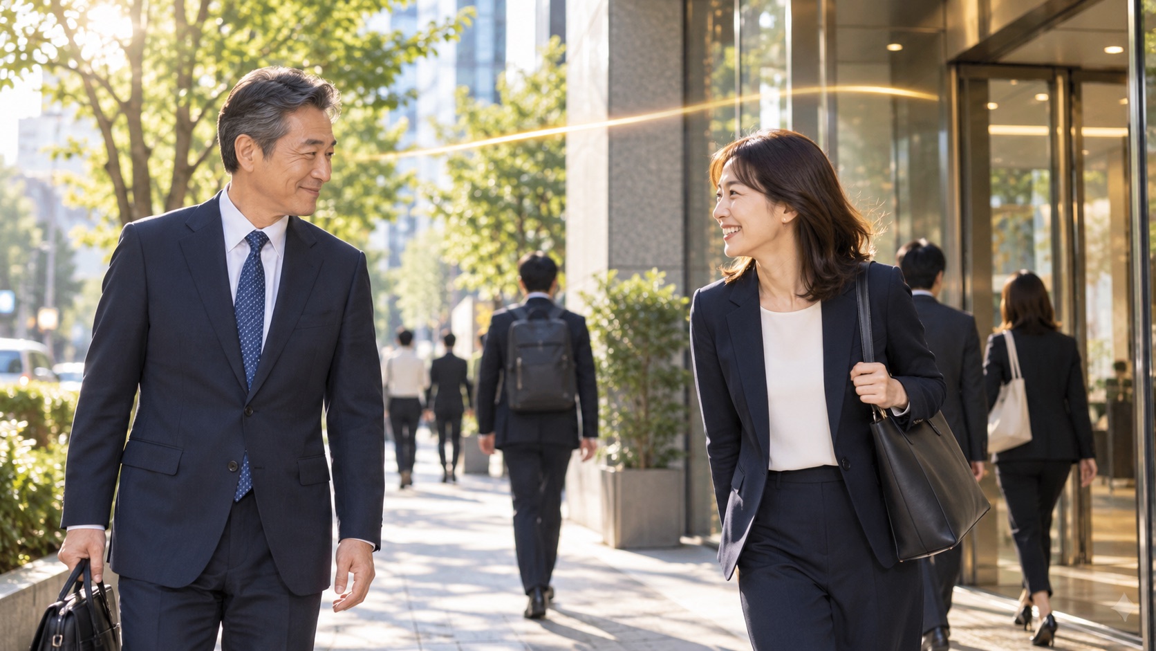 朝のオフィスビルの前で同僚の名前を呼んで笑顔で挨拶する社会人