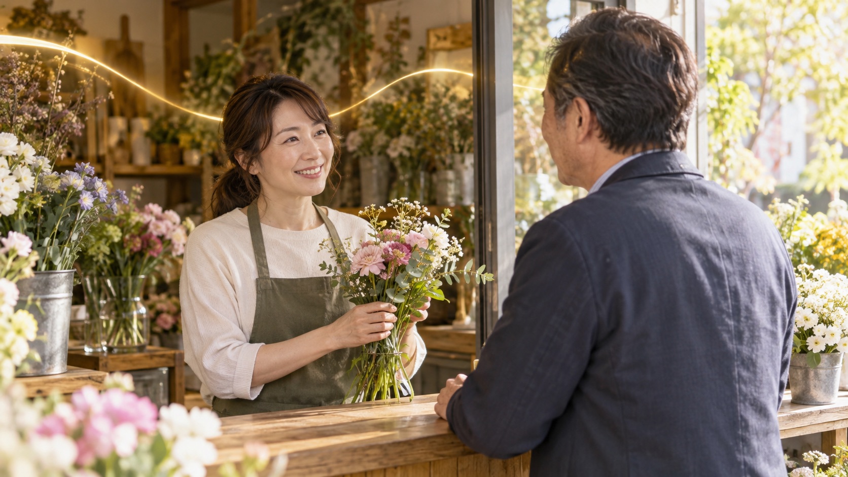 街の花屋で客と向かい合って笑顔で話す店員