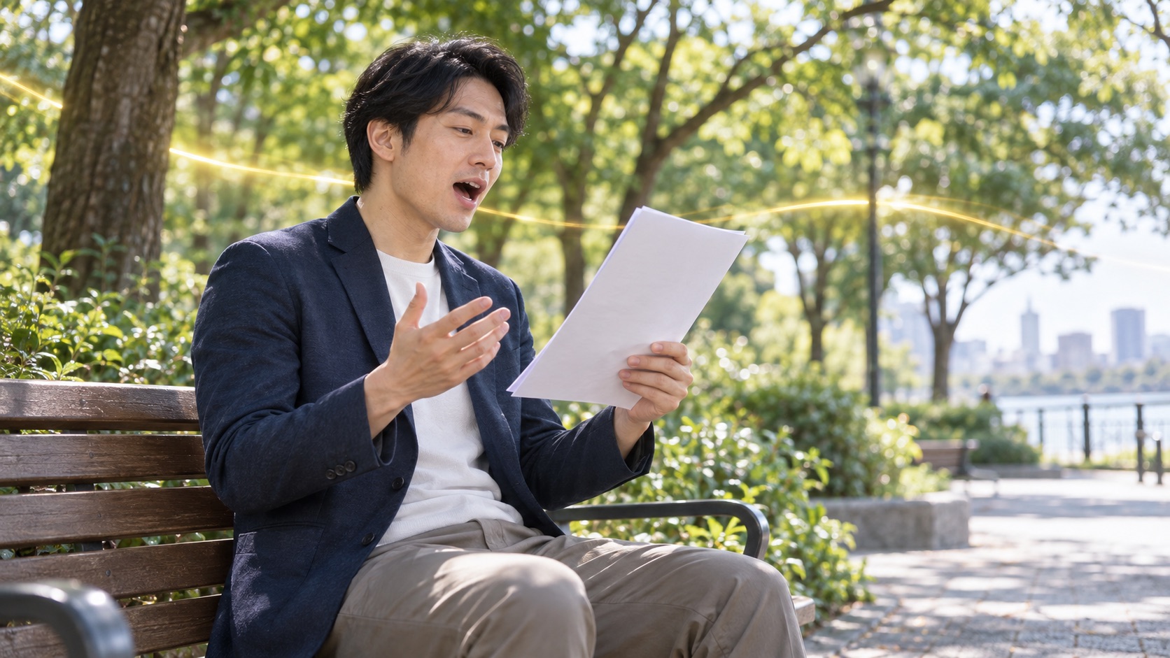 公園のベンチで口を大きく開けて原稿を読む練習をする男性