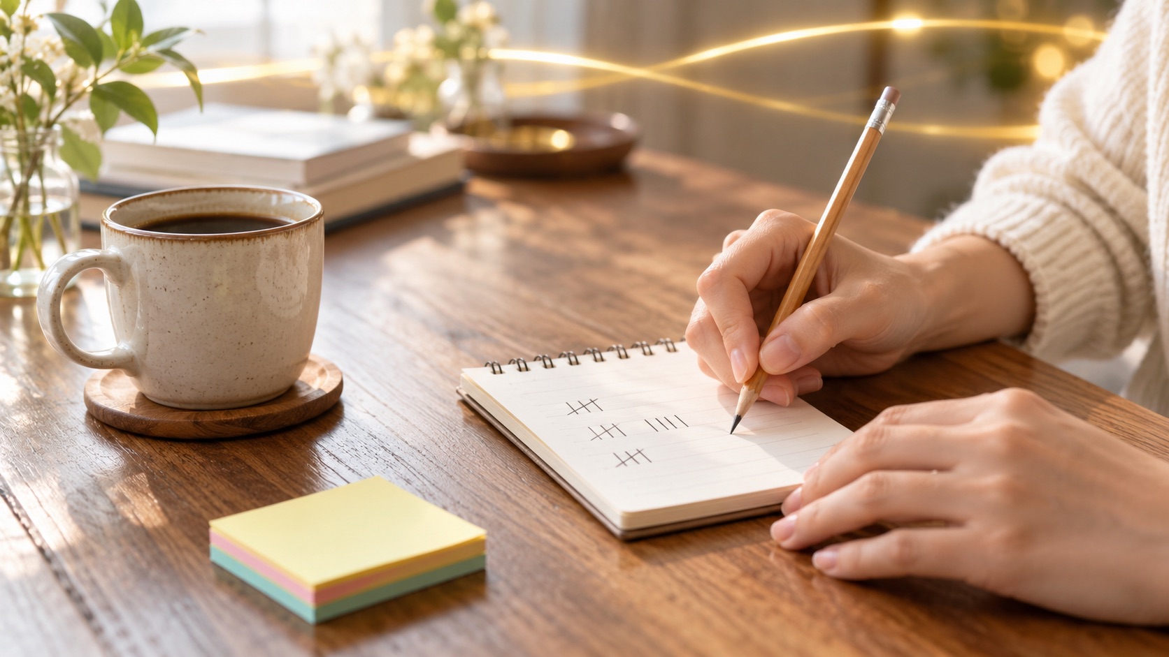 メモ帳に線を書き足して口癖の回数を数える手元