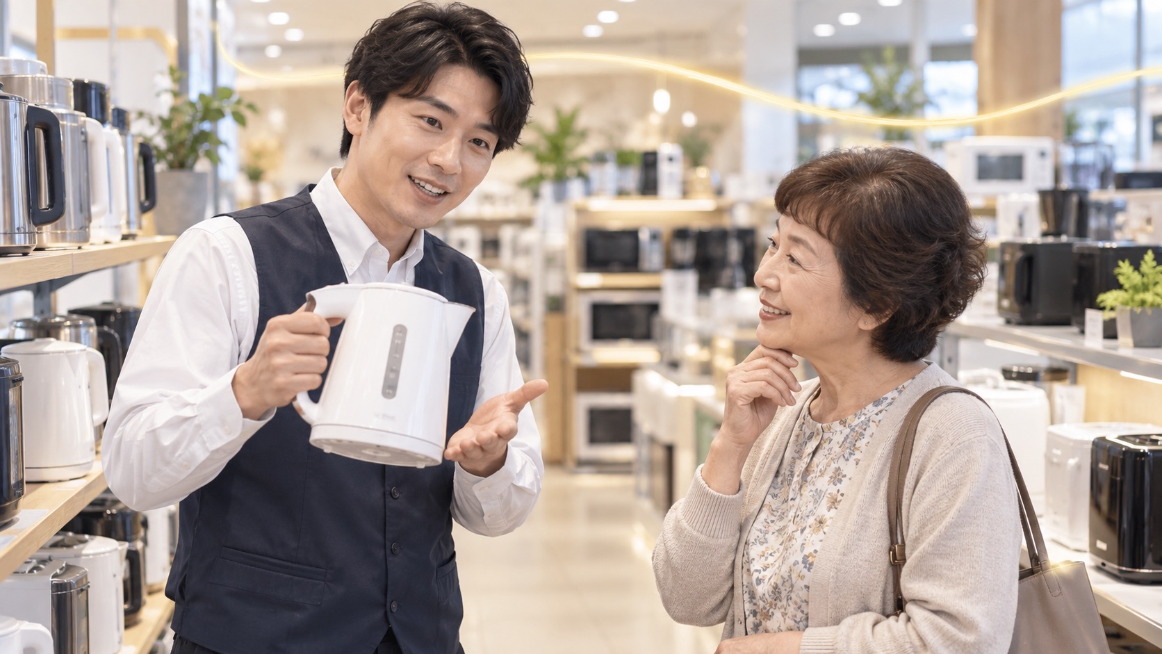 家電売り場で客に商品を短く区切って説明する店員