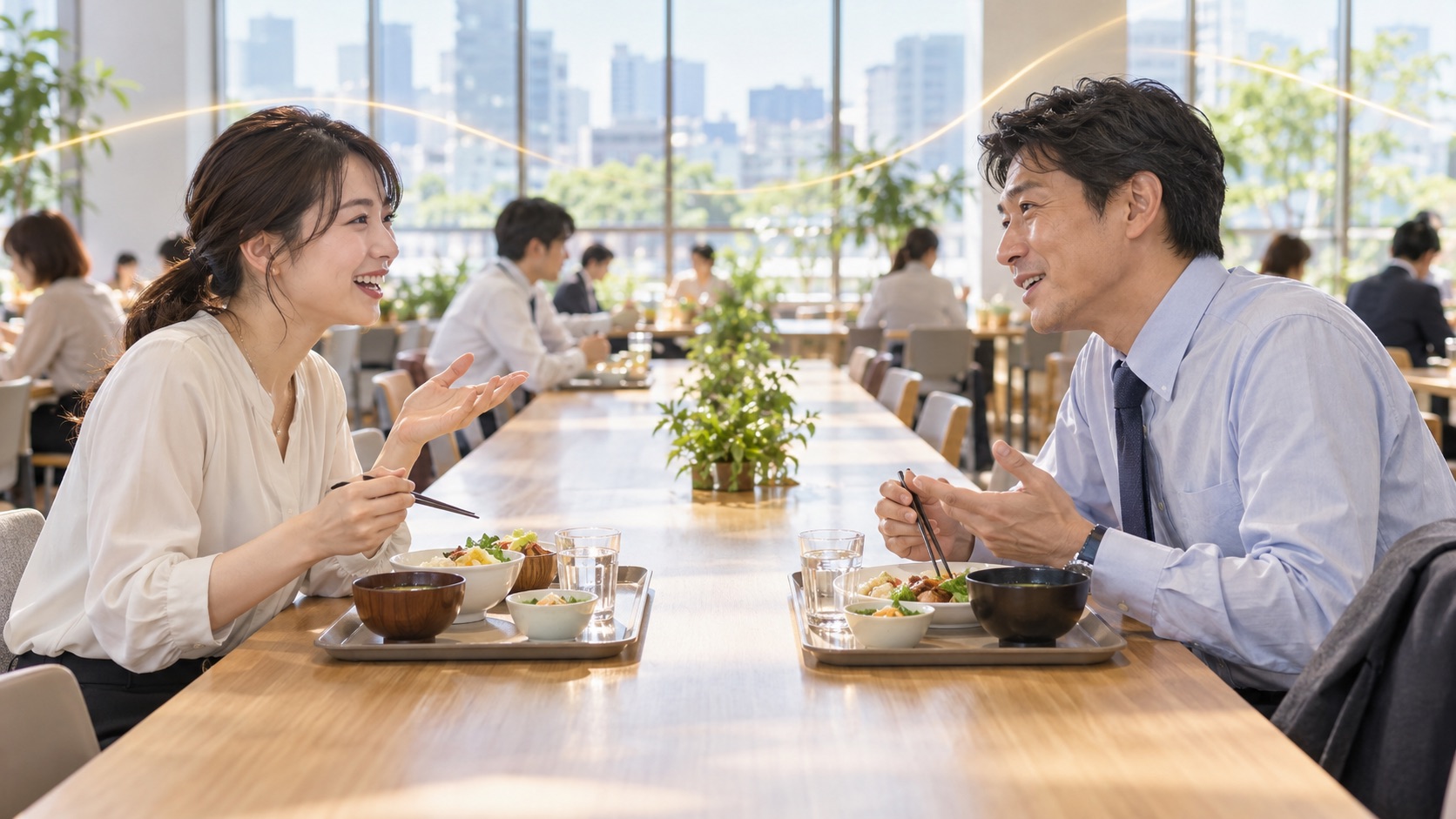 社員食堂で相手のテンポに合わせて会話する二人