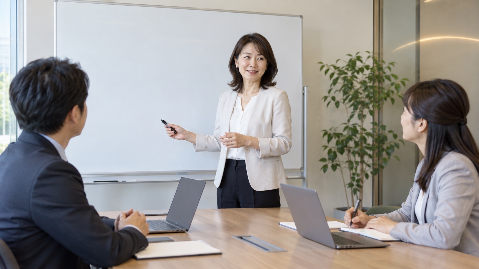 説明の途中でひと呼吸おいて聞き手を見る女性