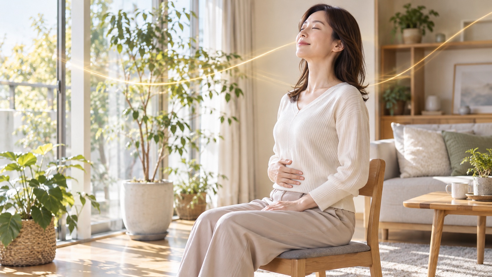 椅子に浅く腰掛けてお腹に手を当て息を吸う女性