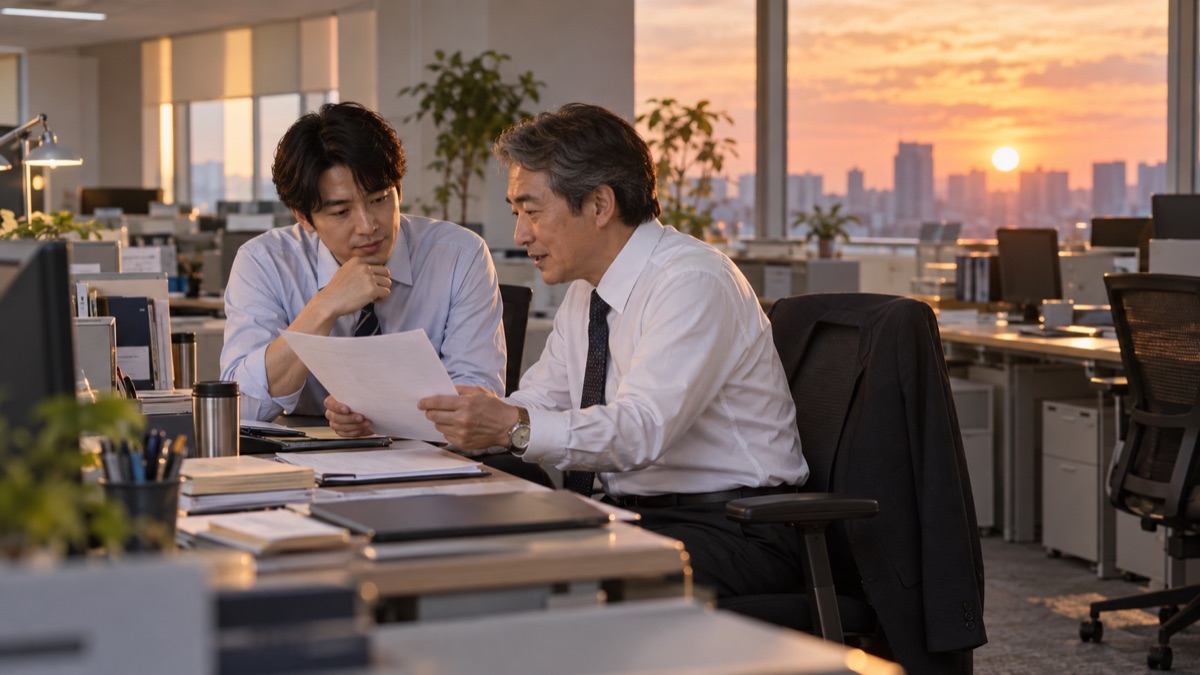 夕方のオフィスで上司が部下のデスクの横に椅子を寄せ、資料を見ながら話す