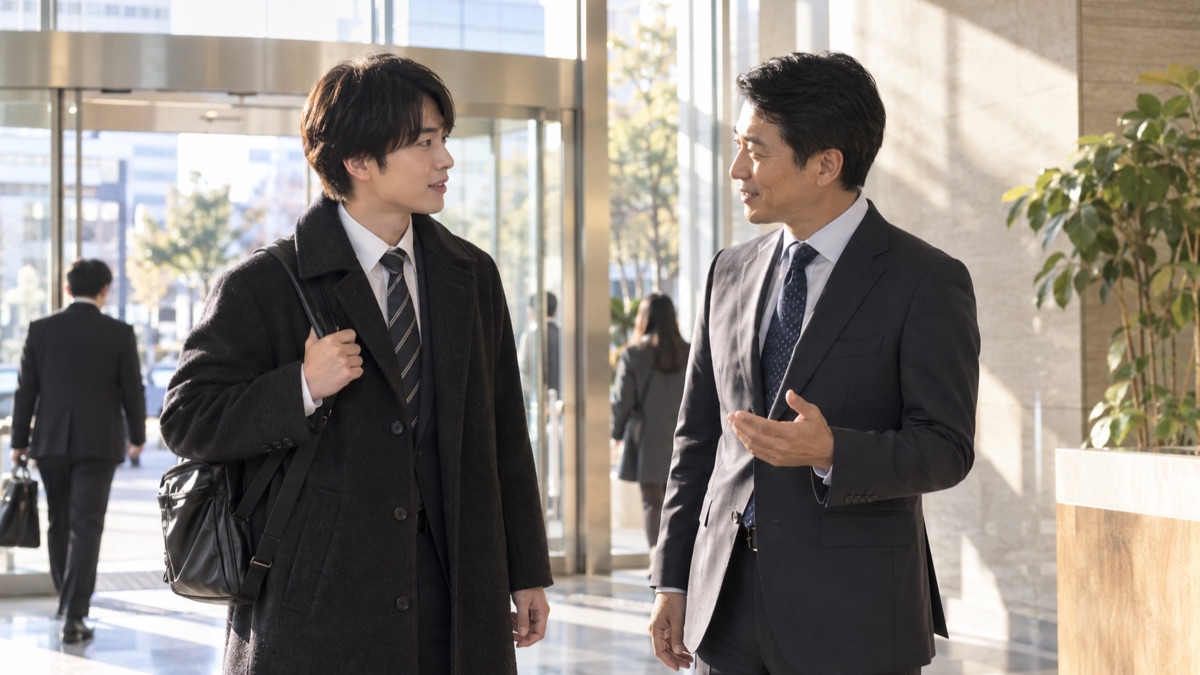 朝のオフィスの入口で、出社した若手社員に上司が穏やかに声をかける