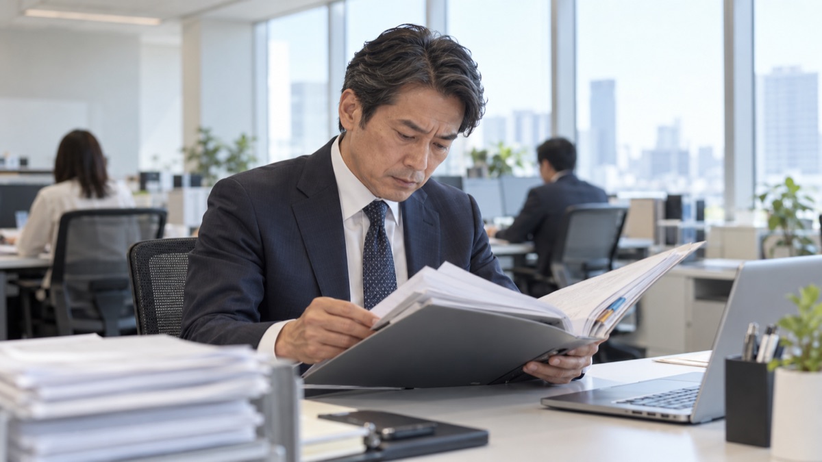 静かな執務フロアで管理職がファイルを開いて真剣に読み込む
