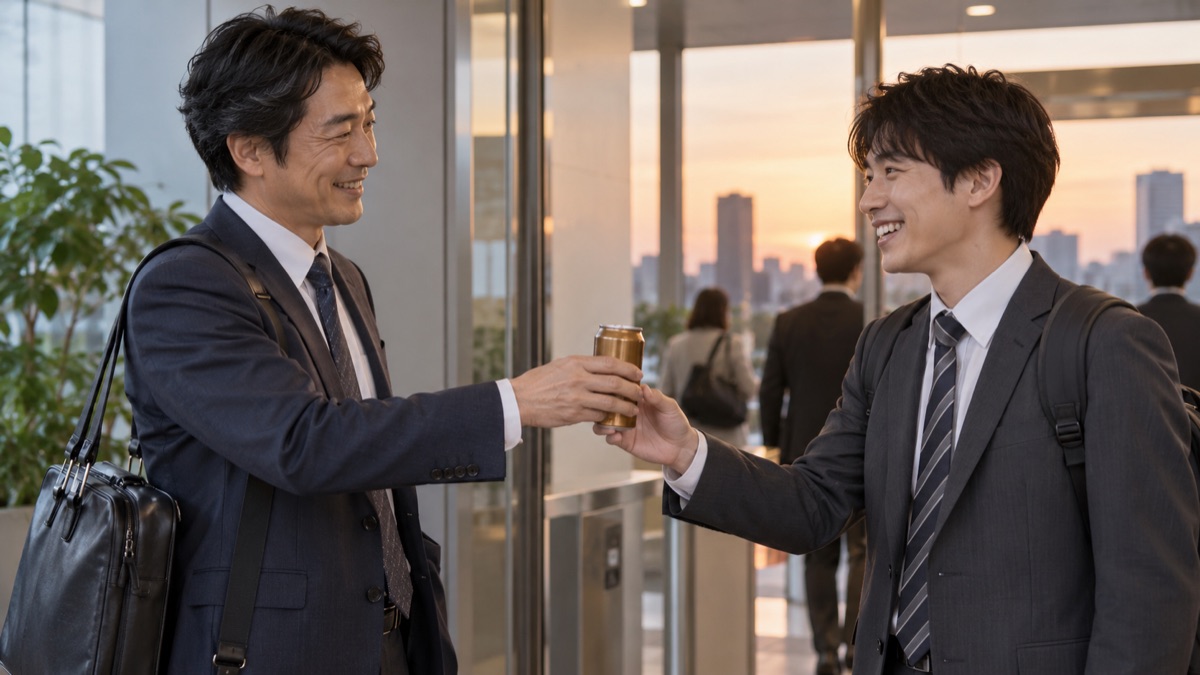 退勤時にオフィスの出口で上司が部下に缶コーヒーを差し出す